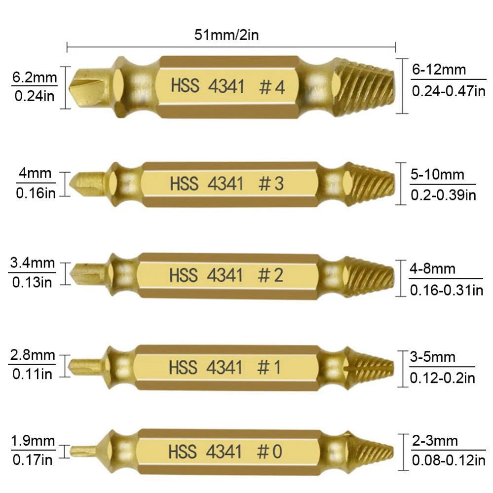 5pcs Double-Sided Screw Extractor Set Stripped Screw Remover Drill Bits Kit