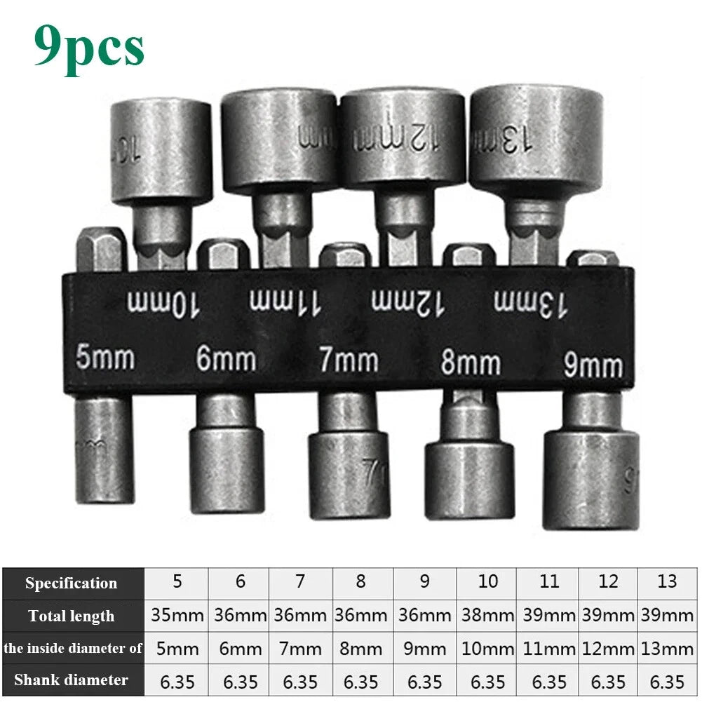 9pcs/set 5mm-13mm Hex Sockets Sleeve Nozzles Nut Driver Set Screwdriver Set Tool