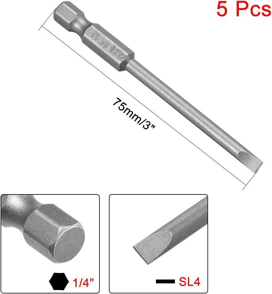 5 Pcs 4mm Slotted Tip Magnetic Flat Head Screwdriver Bits, 1/4 Inch Hex Shank S2