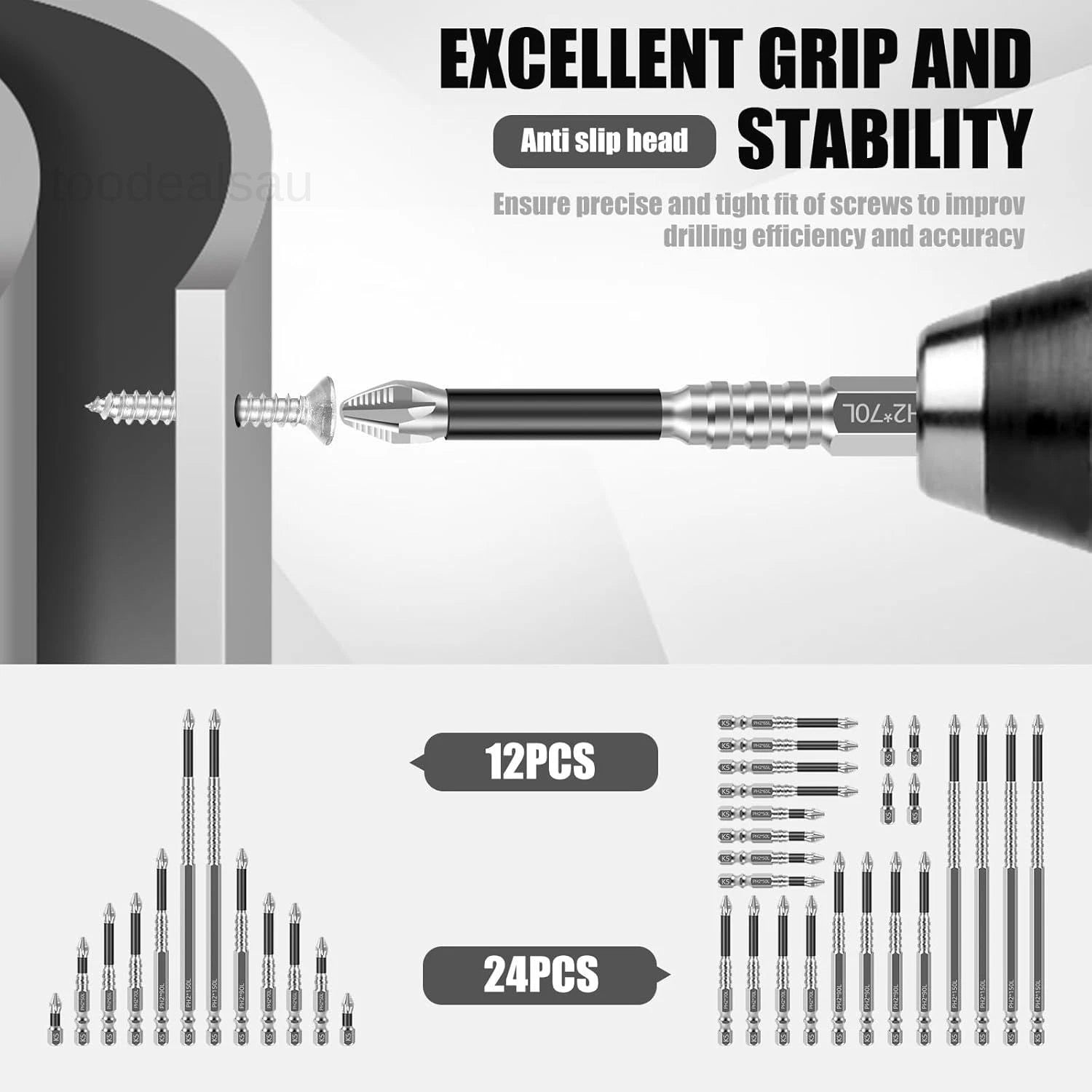 24 Pcs Impact Screwdriver Bits, K5 Alloy Nonslip Teeth Phillips 24