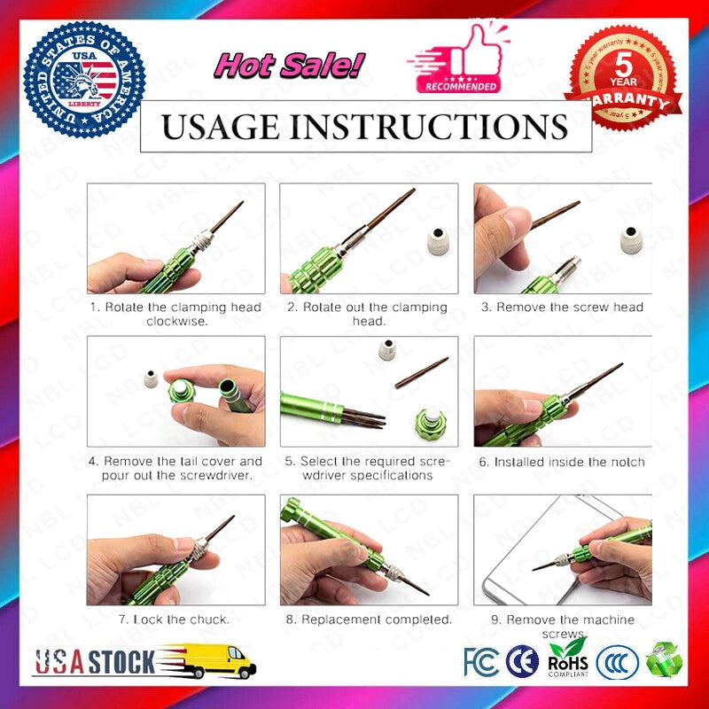 New 6-In-1 Screwdriver Repair Set - 2.0- 1.5+ torx T6 torx T5 star 0.8 1.2 Green