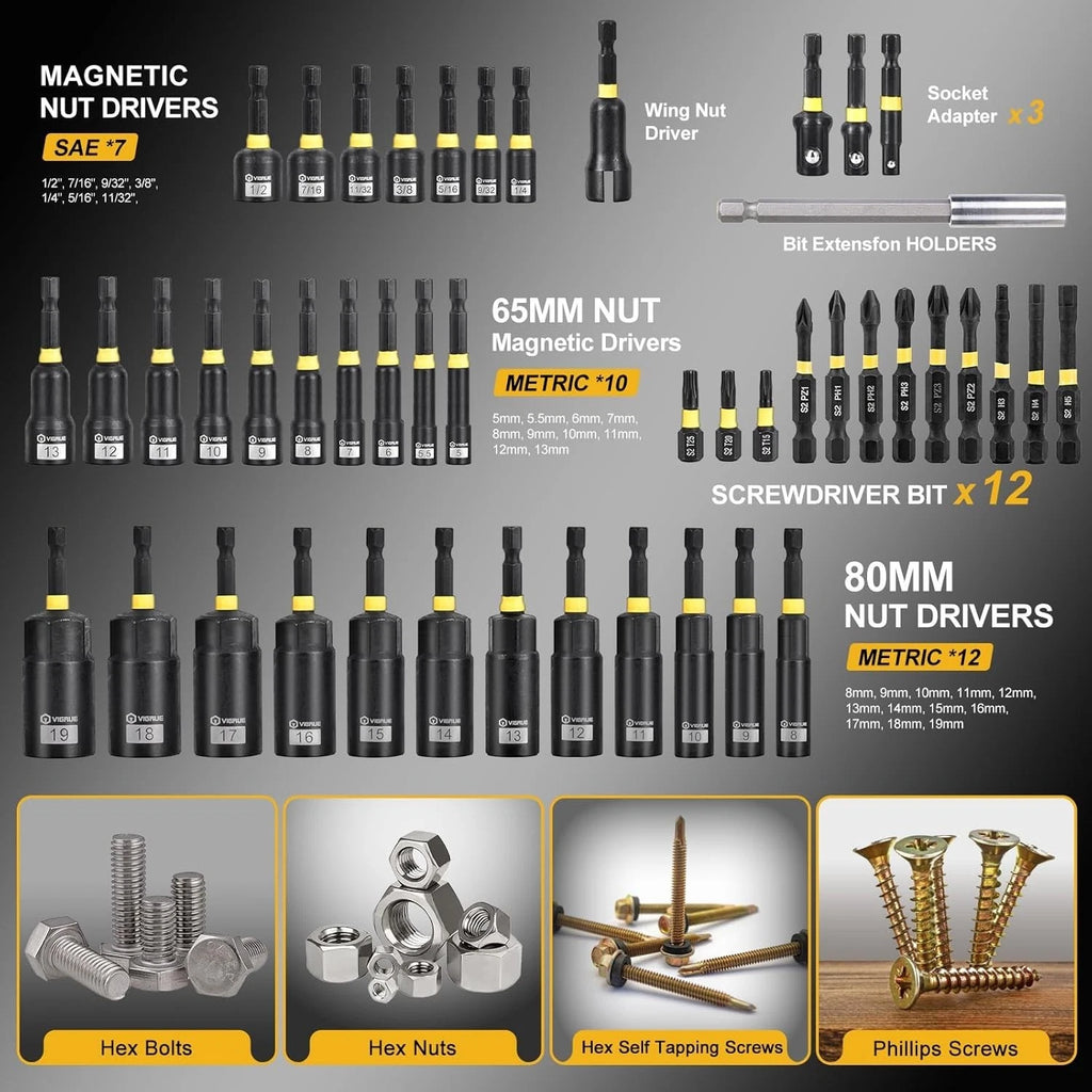 VIGRUE 46PCS Nut Driver Set for Impact Drill, Magnetic and Deep Nut Drivers, Met