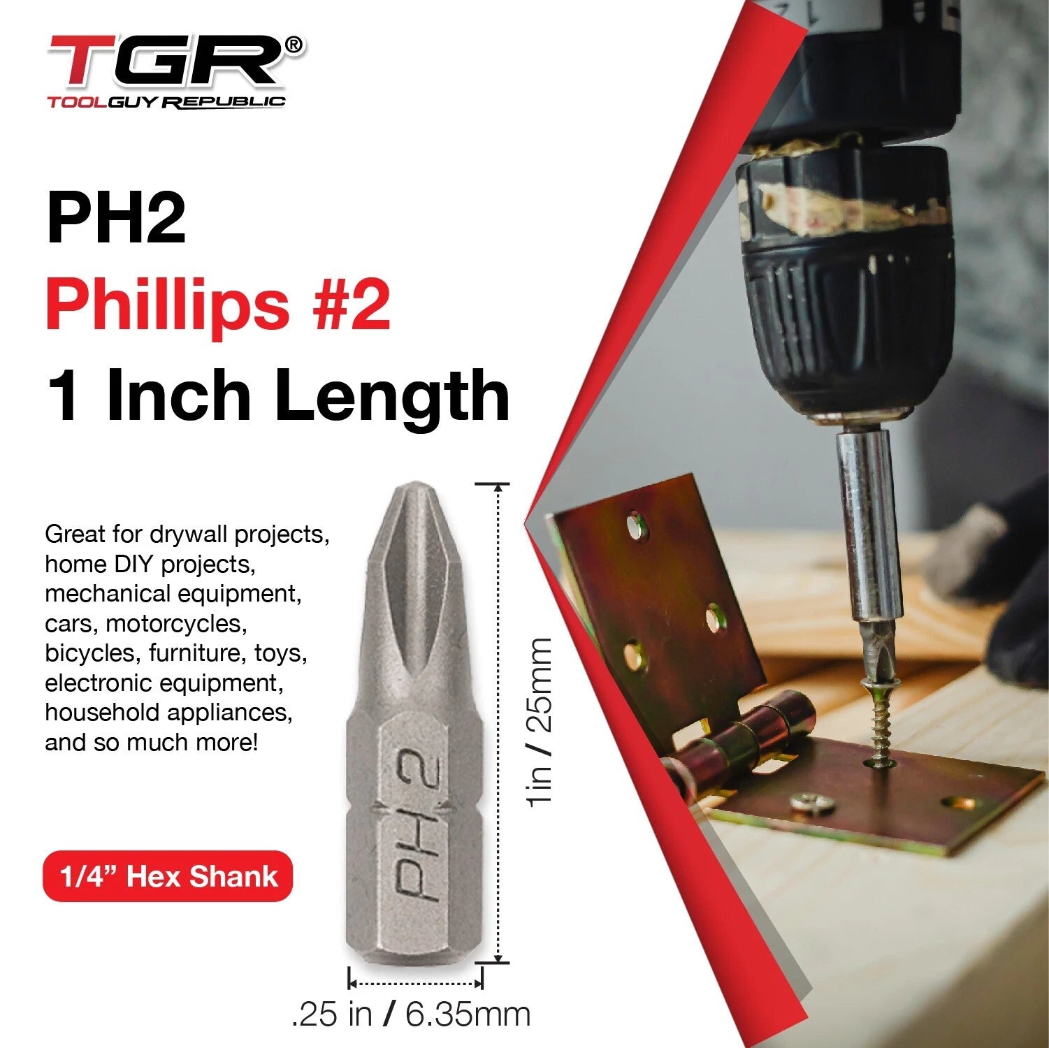 Phillips #2 PH2 Screwdriver Bits, 1 In Length, 1/4 Inch Shank, S2 Steel (50 PK)