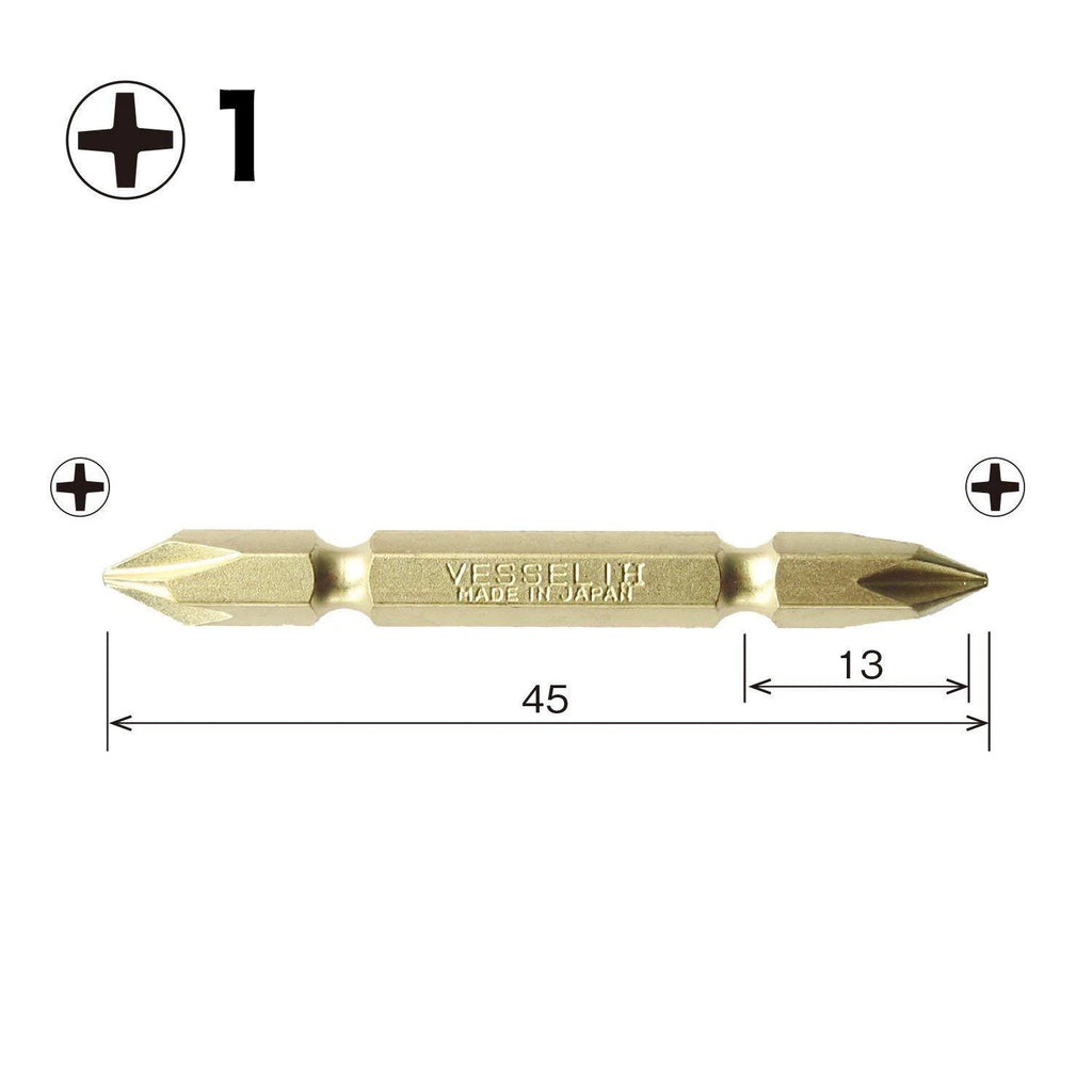 VESSEL Double End Gold Color Driver Bit Magnetic No.GM14 +1,+2,+3 45-200mm Japan