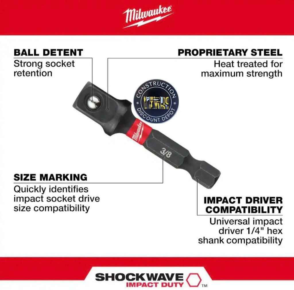 Milwaukee SHOCKWAVE Impact Duty 3/8" Socket Adapter 1/4" Hex Shank Lot of 4