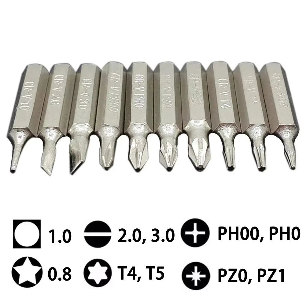 10PCS CR-V Screwdriver Bits Set PH00 PH0 PZ1 PZ0 SL3 SL2 SL1 T5 T4 Mobile Bits