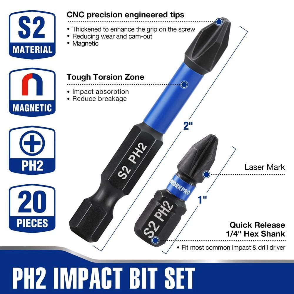 WORKPRO 16PCS PH2 Impact Phillips Screwdriver Bit Set CNC Machined S2 Steel Tips