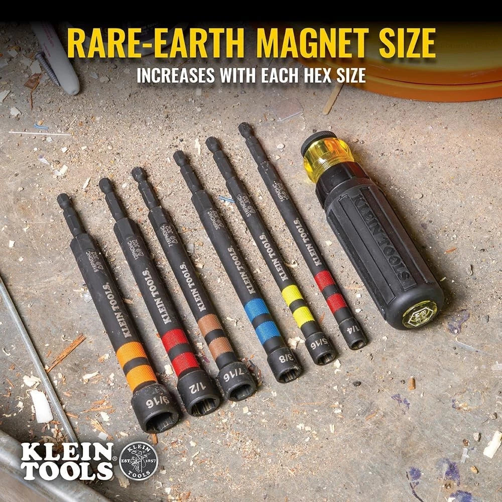 Klein Tools 32950 Ratcheting Hollow Nut Driver Set, Magnetic, 6 SAE Sizes,Handle