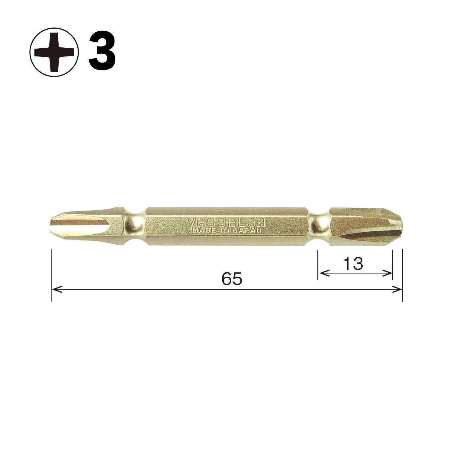 VESSEL Double End Gold Color Driver Bit Magnetic No.GM14 +1,+2,+3 45-200mm Japan