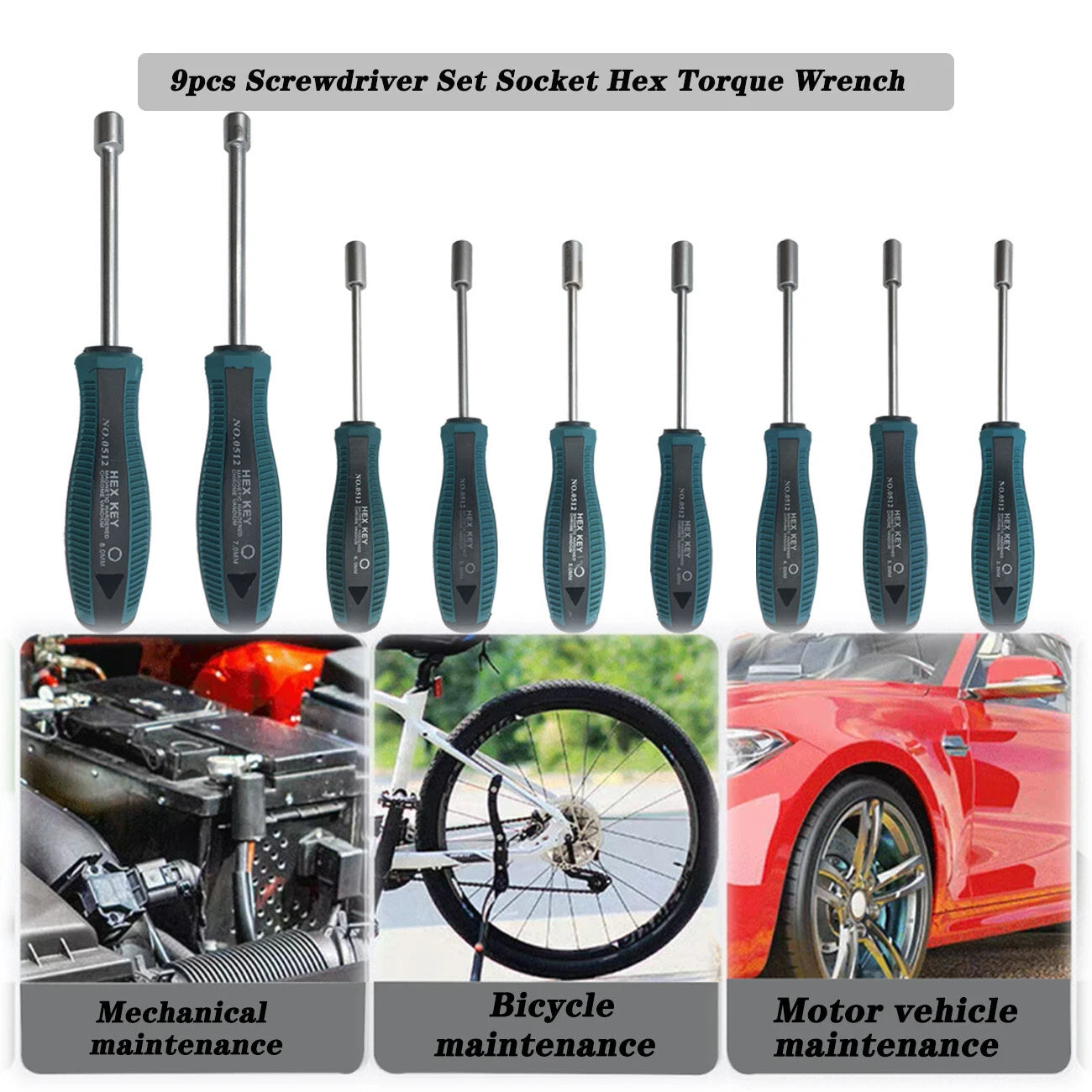 9pcs Screwdriver Set Steel Socket Hex Torque Wrench Multitool Handle PP+TPR