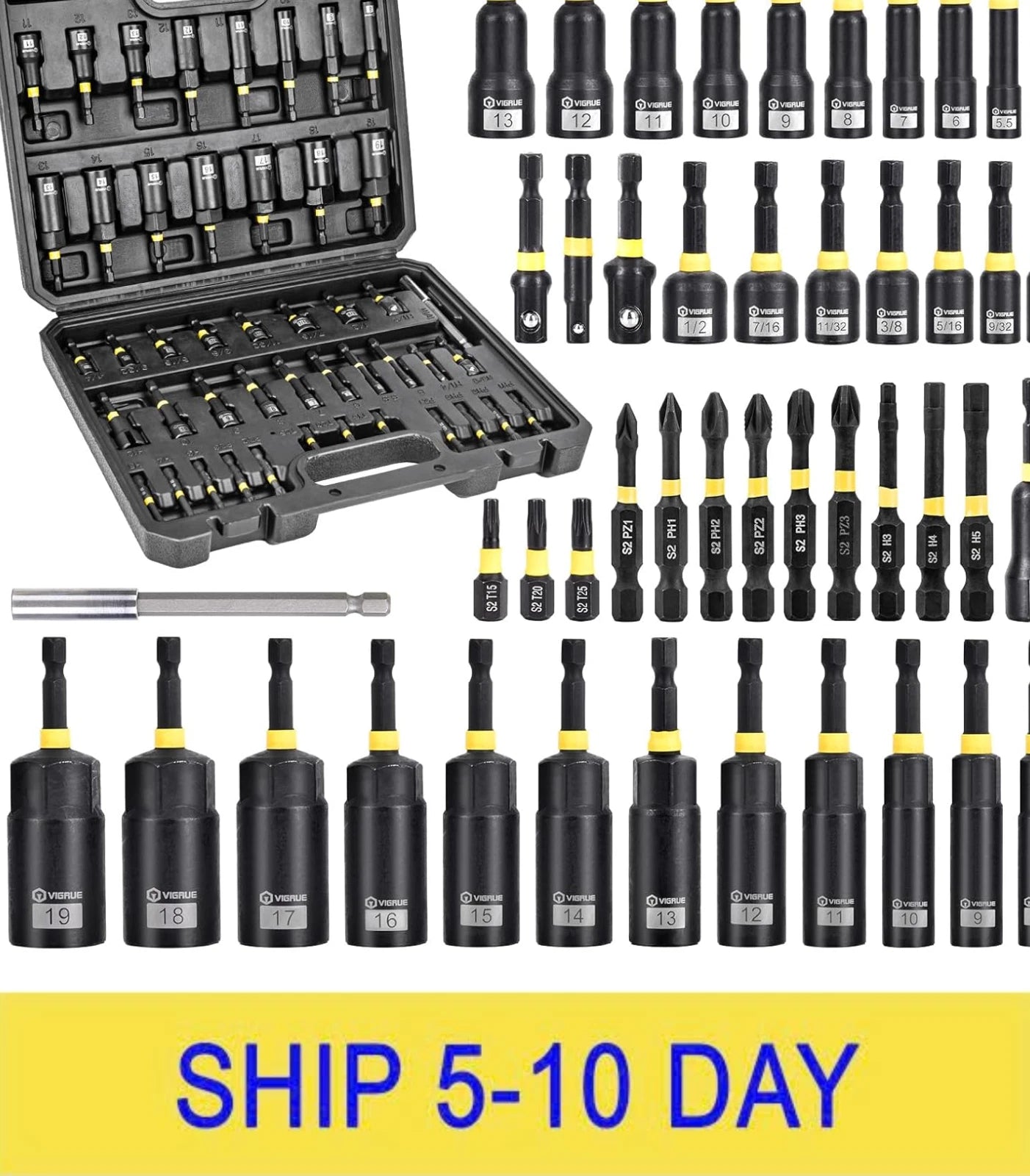 VIGRUE 46PCS Nut Driver Set for Impact Drill, Magnetic and Deep Nut Drivers, Met