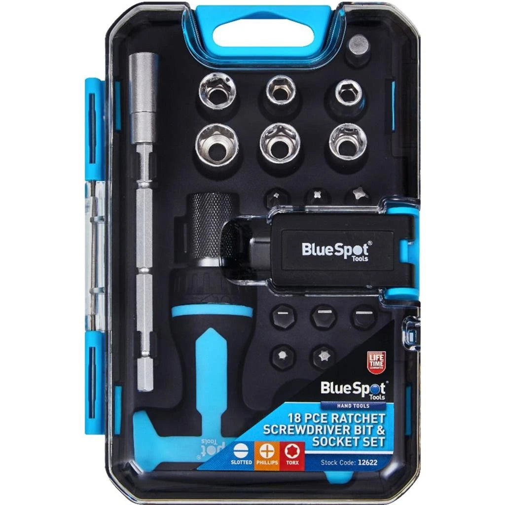 Bluespot 18pc Ratchet Screwdriver Bit Socket Set 1/4" Drive Socket Tool Kit