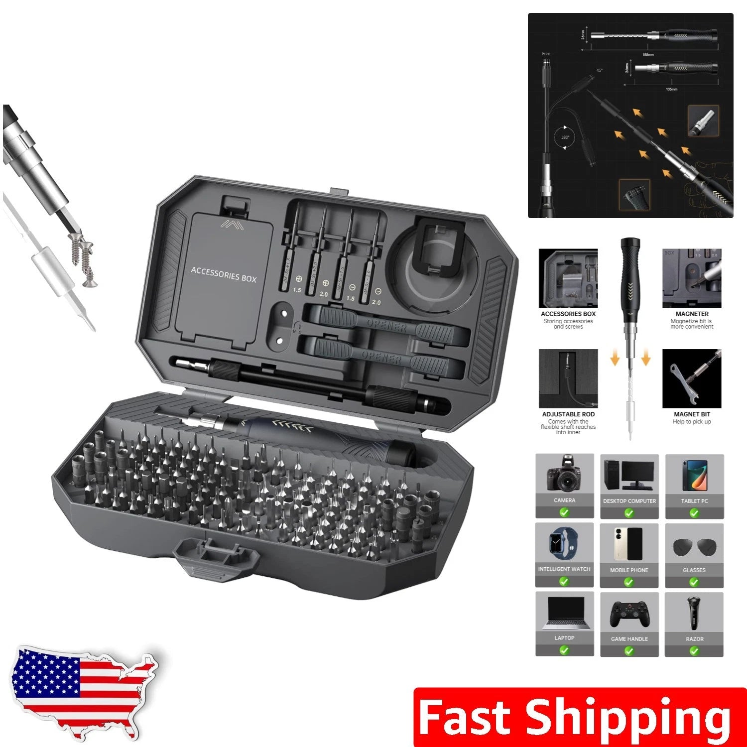 Versatile 164-Piece Screwdriver Kit with Adjustable Handle - For Professionals