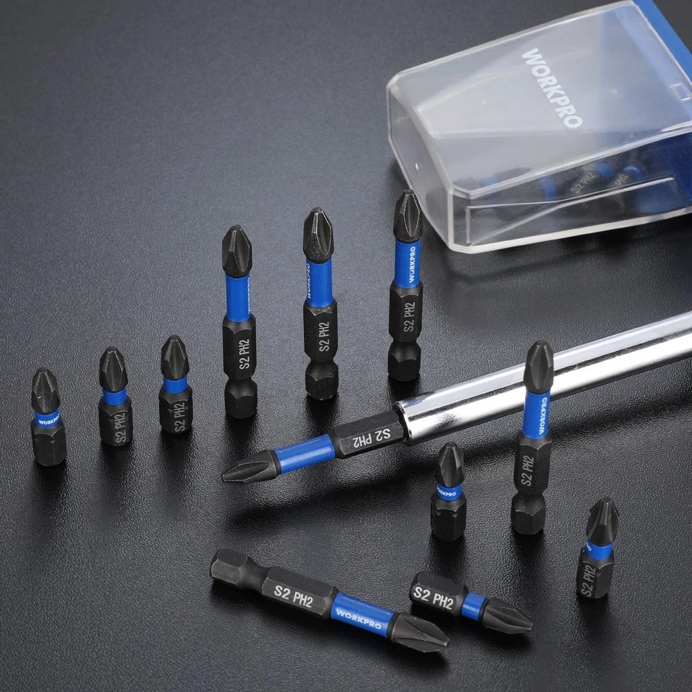WORKPRO 16PCS PH2 Impact Phillips Screwdriver Bit Set CNC Machined S2 Steel Tips