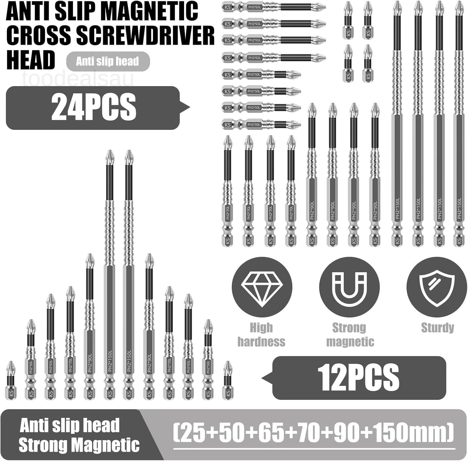 24 Pcs Impact Screwdriver Bits, K5 Alloy Nonslip Teeth Phillips 24