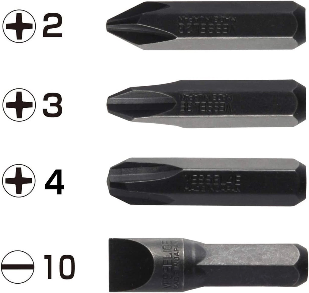 VESSEL Impact Screwdriver Bits Heavy Duty 4 Pcs JIS Set BS2500