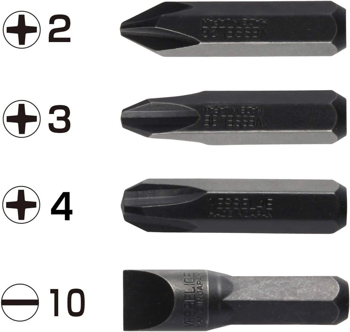 VESSEL Impact Screwdriver Bits Heavy Duty 4 Pcs JIS Set BS2500
