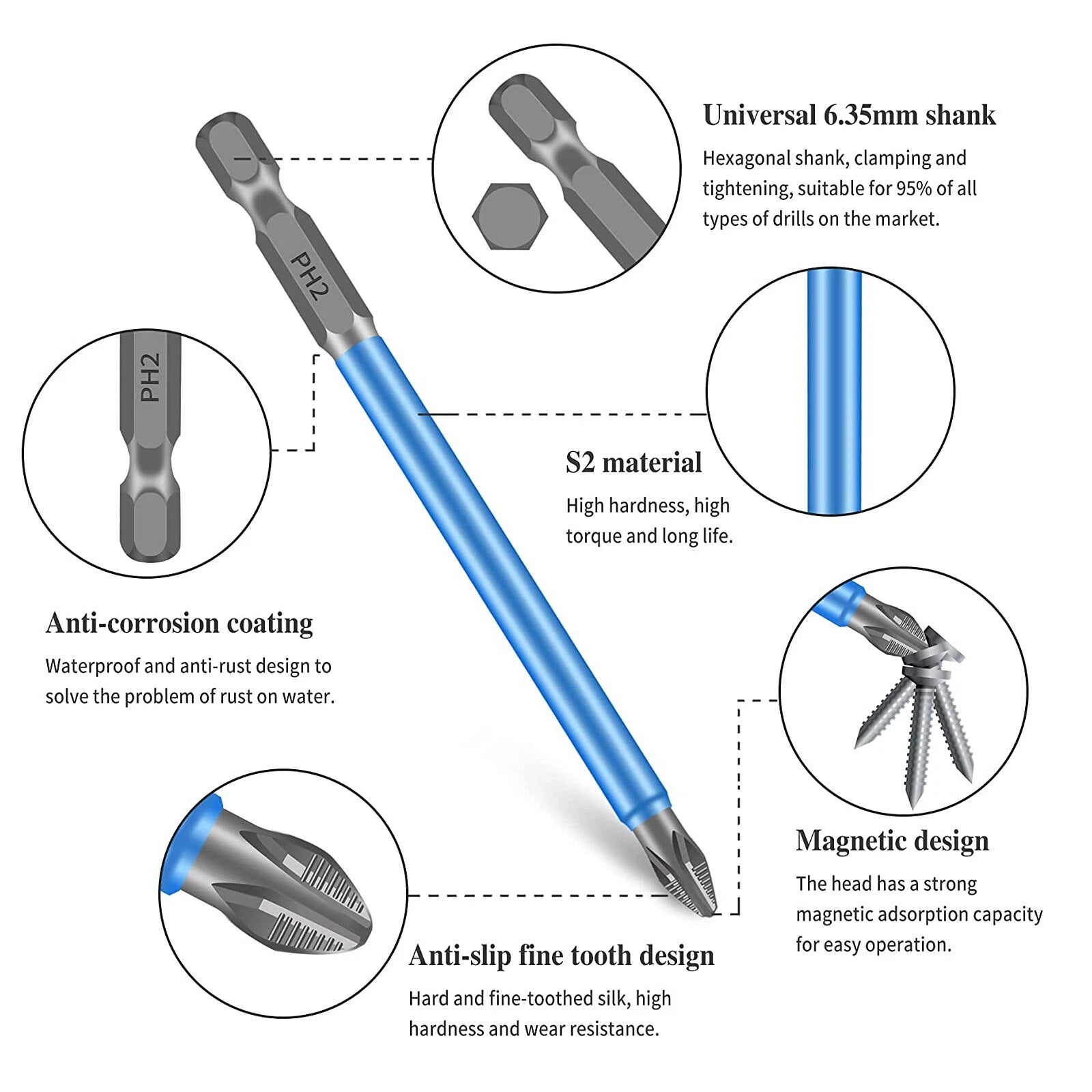 7/14X Magnetic screwdriver bit Bits set PH2 Anti-slip Hex Shank Screw Cross Head
