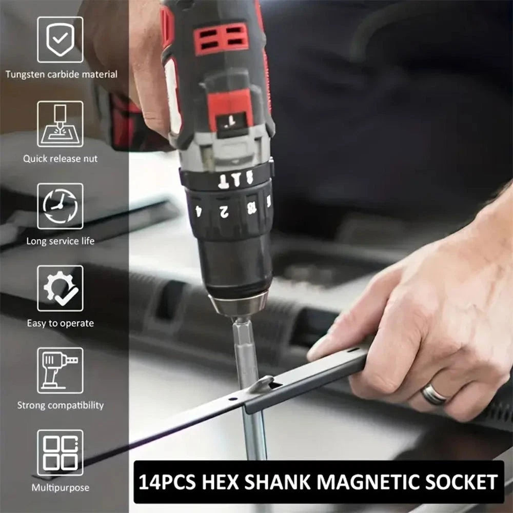 14Pcs Impact Magnetic Nut Driver Set 6-19mm Metric Power Drill Bit 1/4 Hex Shank