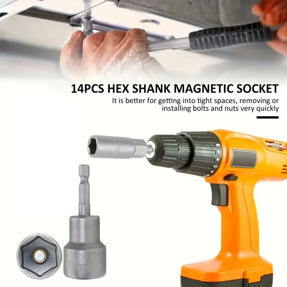 14Pcs Impact Magnetic Nut Driver Set 6-19mm Metric Power Drill Bit 1/4 Hex Shank