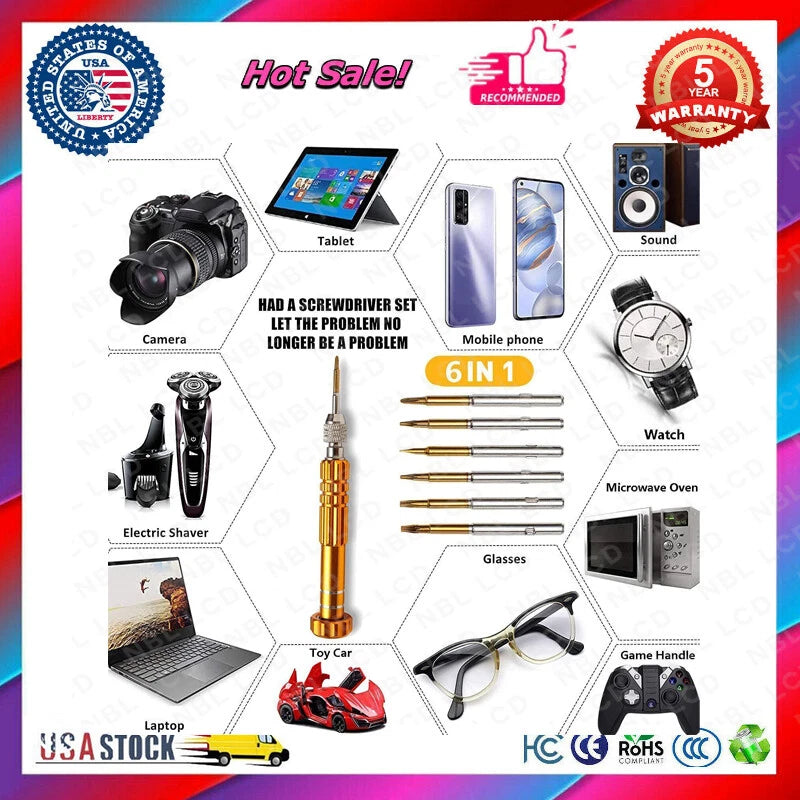 New 6-In-1 Screwdriver Repair Set - 2.0- 1.5+ torx T6 torx T5 star 0.8 1.2 Green