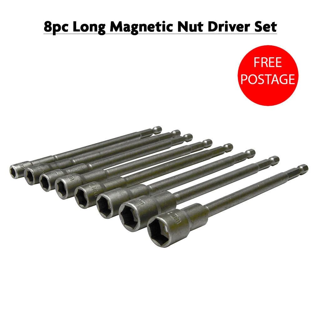 Long Magnetic Hex Bit Set 8 Pcs 6 to 13mm Metric Impact Driver Drill Socket Nut