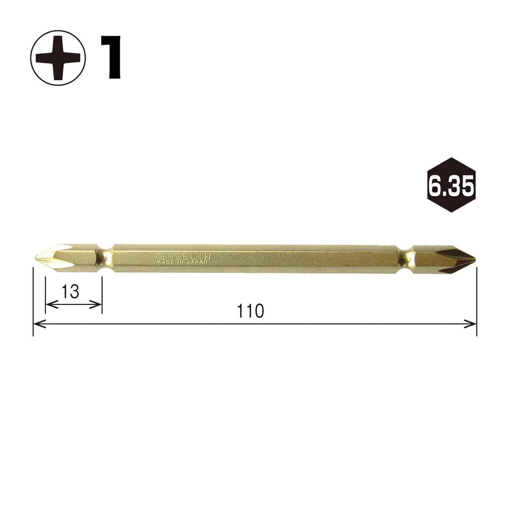 VESSEL Double End Gold Color Driver Bit Magnetic No.GM14 +1,+2,+3 45-200mm Japan