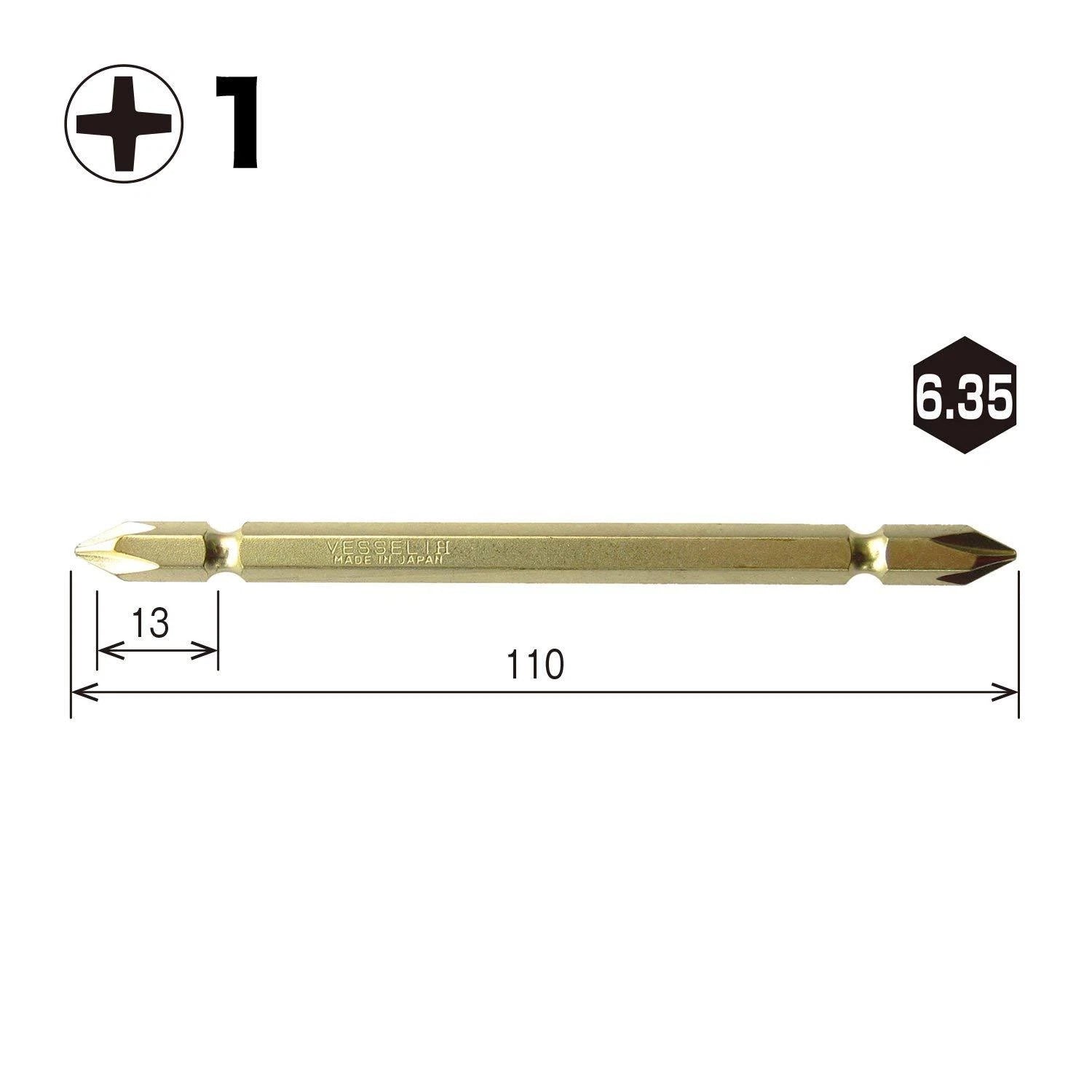VESSEL Double End Gold Color Driver Bit Magnetic No.GM14 +1,+2,+3 45-200mm Japan