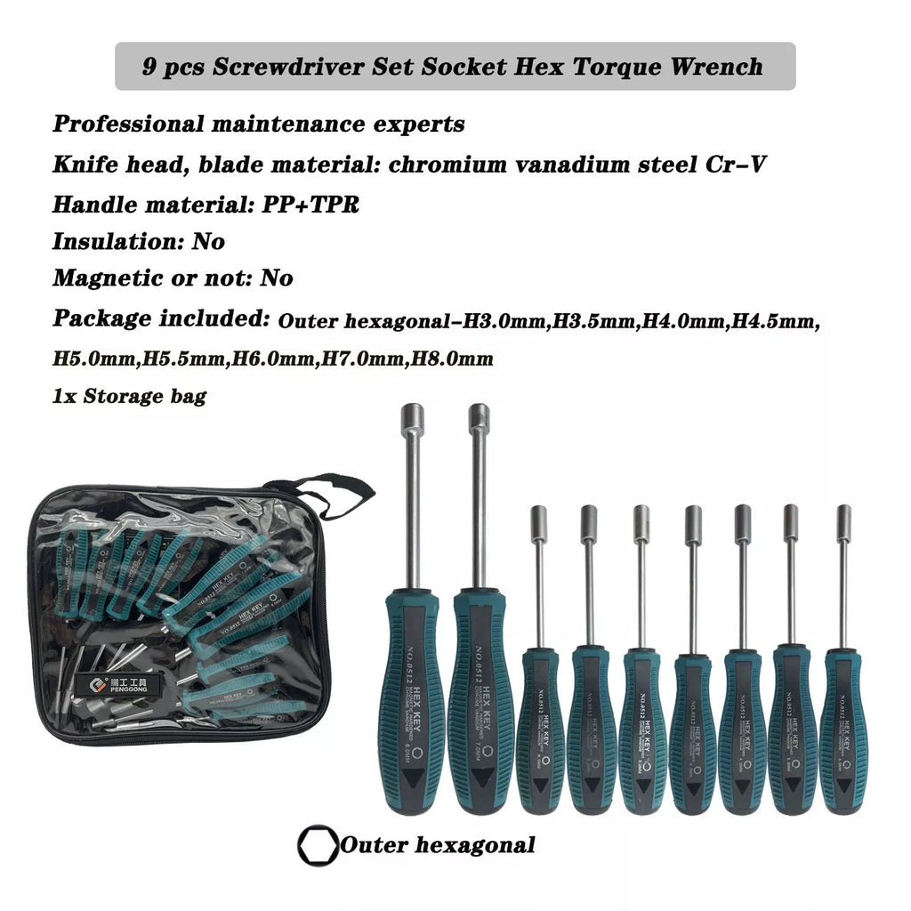 9pcs Screwdriver Set Steel Socket Hex Torque Wrench Multitool Handle PP+TPR