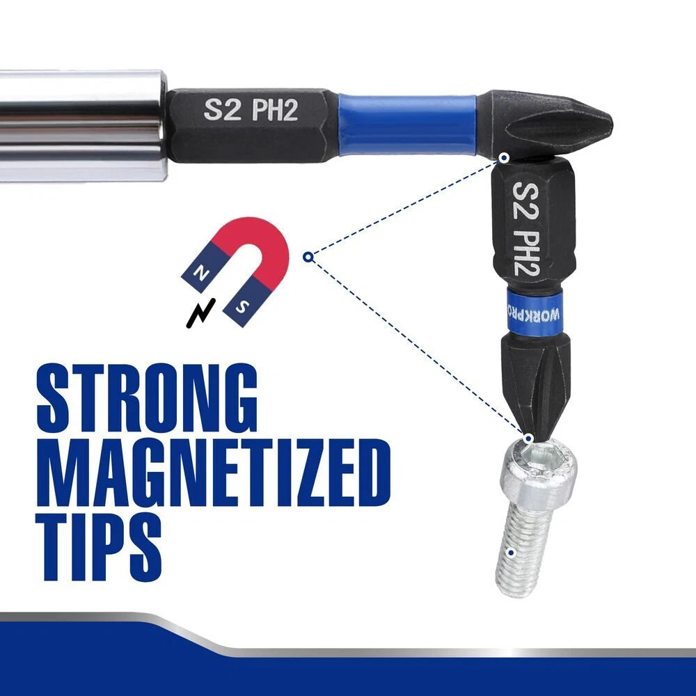 WORKPRO 16PCS PH2 Impact Phillips Screwdriver Bit Set CNC Machined S2 Steel Tips