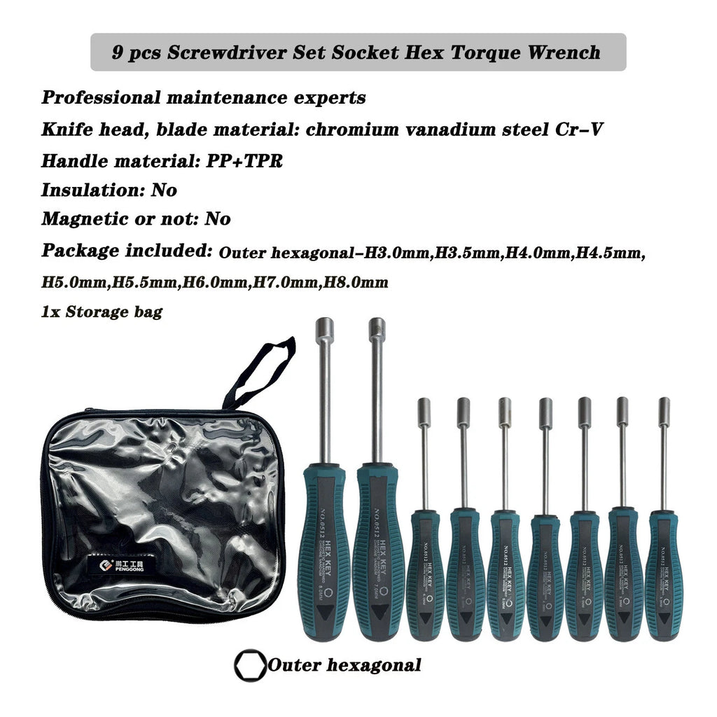 9pcs Screwdriver Set Steel Socket Hex Torque Wrench Multitool Handle PP+TPR