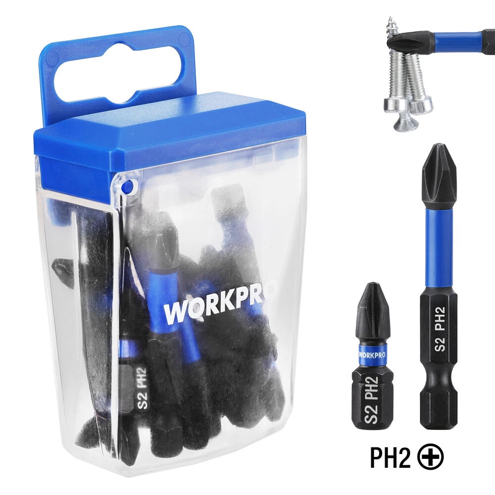 WORKPRO 16PCS PH2 Impact Phillips Screwdriver Bit Set CNC Machined S2 Steel Tips