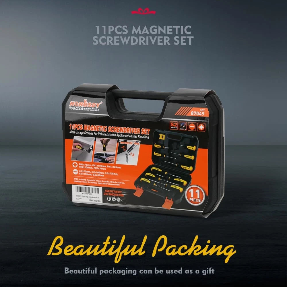 11-piece Magnetic Screwdriver Set with Case, 5 Phillips & 5 Flat Head Tips wi...