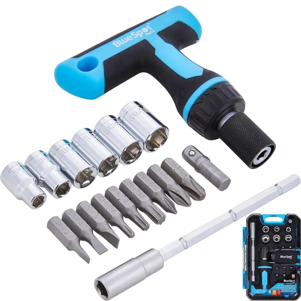 Bluespot 18pc Ratchet Screwdriver Bit Socket Set 1/4" Drive Socket Tool Kit