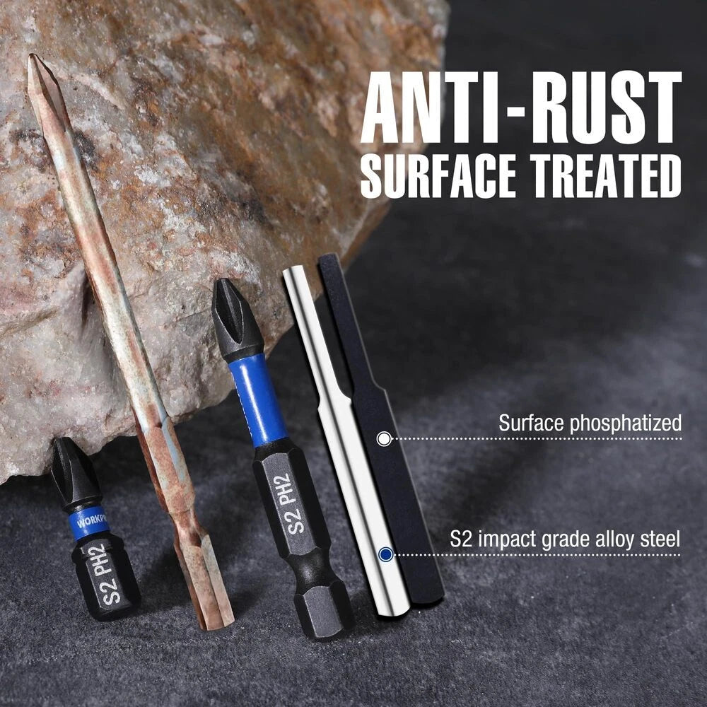 WORKPRO 16PCS PH2 Impact Phillips Screwdriver Bit Set CNC Machined S2 Steel Tips