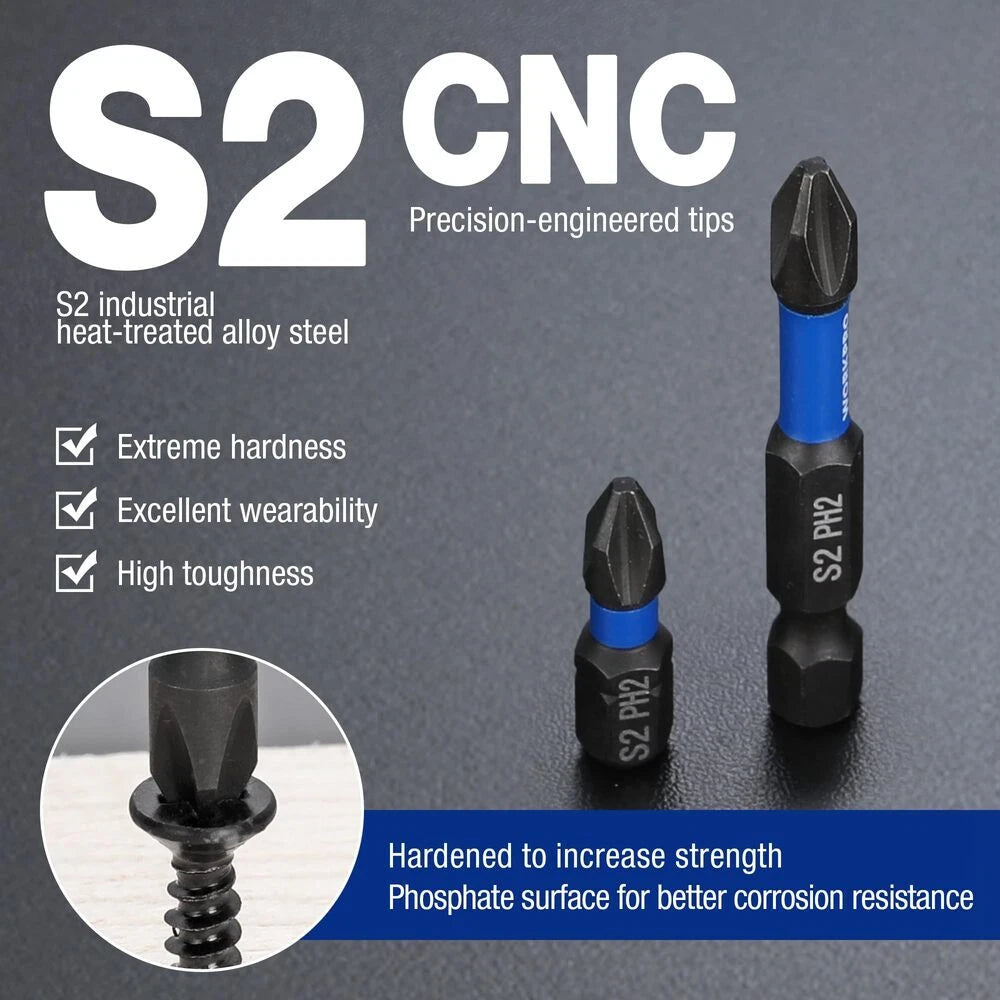 WORKPRO 16PCS PH2 Impact Phillips Screwdriver Bit Set CNC Machined S2 Steel Tips