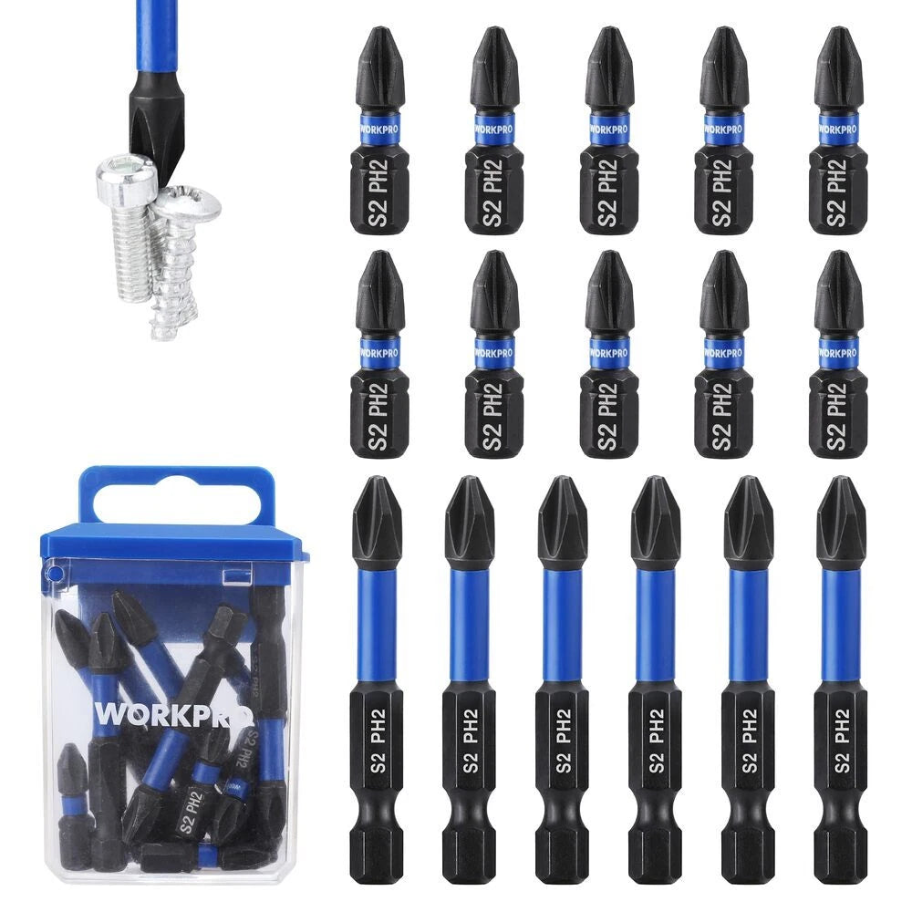 WORKPRO 16PCS PH2 Impact Phillips Screwdriver Bit Set CNC Machined S2 Steel Tips