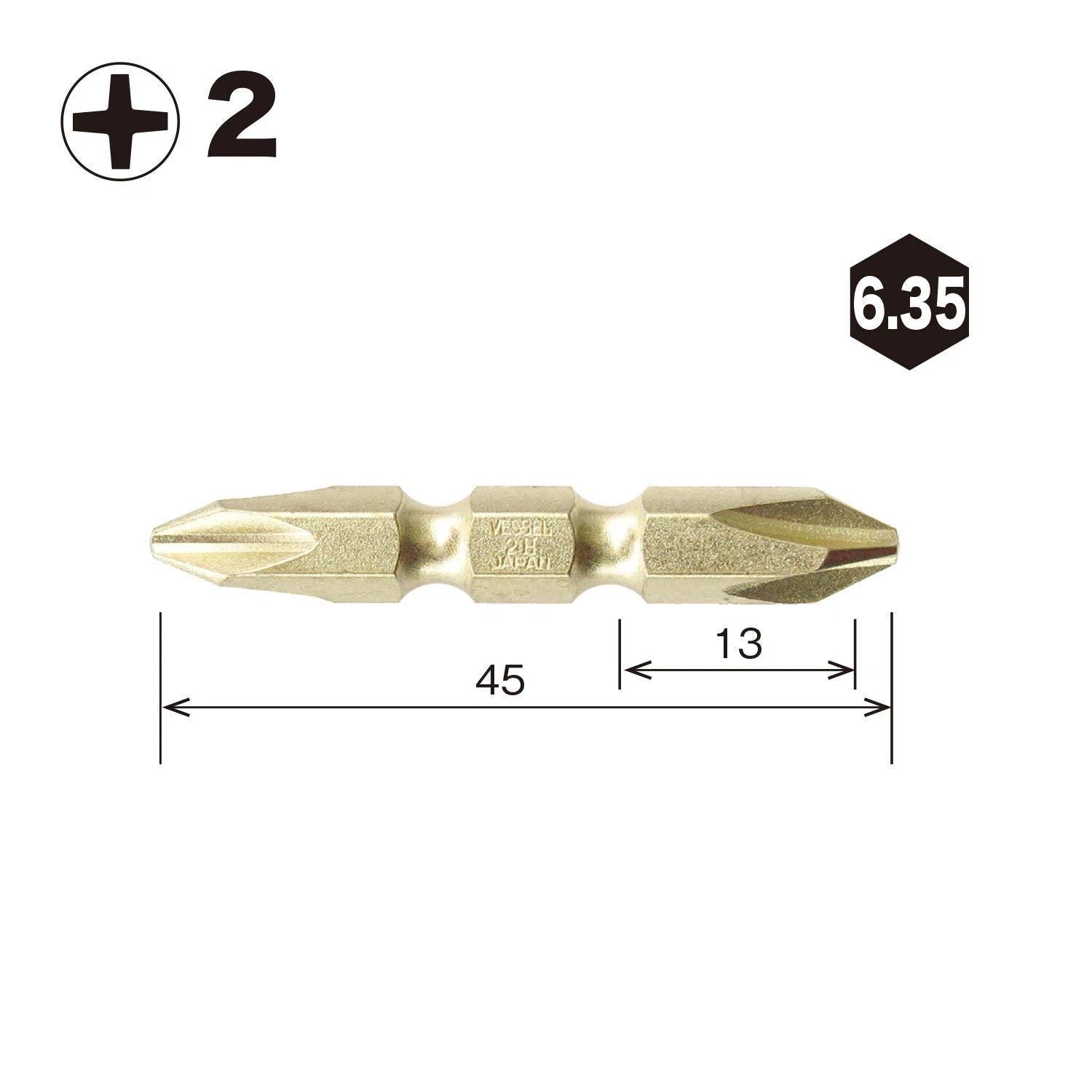 VESSEL Double End Gold Color Driver Bit Magnetic No.GM14 +1,+2,+3 45-200mm Japan