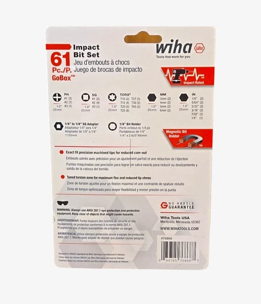 NEW Wiha 76868 61 Piece Impact Bit Set GoBox 1/4” Hex Screwdriver Tips Tools