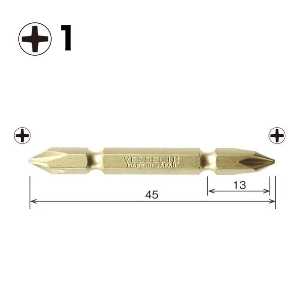 VESSEL Double End Gold Color Driver Bit Magnetic No.GM14 +1,+2,+3 45-200mm Japan