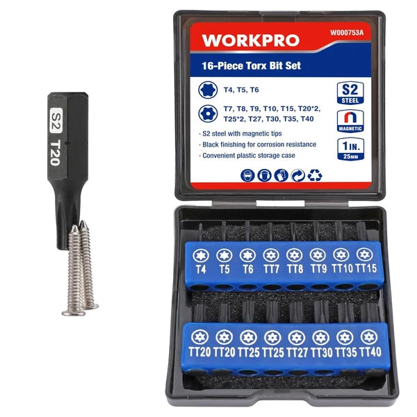 WORKPRO 16PIECE Security Torx Bit Set Tamper Proof Magnetic Torx Screwdriver Bit