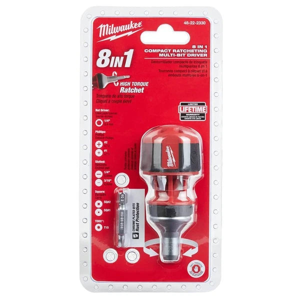 Milwaukee 48-22-2330 8-in-1 Hex Shank Compact Ratcheting Multi-Bit Driver