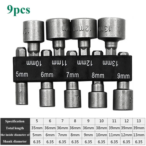 9pcs/set 5mm-13mm Hex Sockets Sleeve Nozzles Nut Driver Set Screwdriver Set Tool