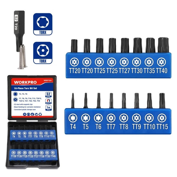 WORKPRO 16PIECE Security Torx Bit Set Tamper Proof Magnetic Torx Screwdriver Bit