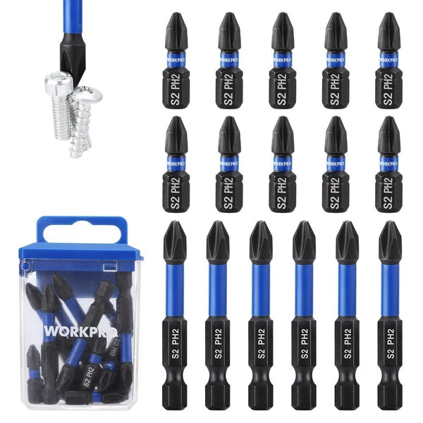 WORKPRO 16PCS PH2 Impact Phillips Screwdriver Bit Set CNC Machined S2 Steel Tips