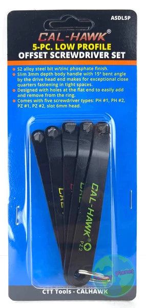5 Pc Ultra Low Profile Offset Screwdriver Set S2 Steel Phillips Slotted Pozidriv