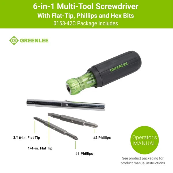 0153-42C 6-in-1 Multi-Tool Screwdriver with Flat-Tip, Phillips, and Hex Bits