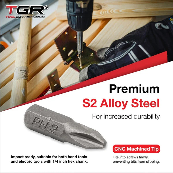 Phillips #2 PH2 Screwdriver Bits, 1 In Length, 1/4 Inch Shank, S2 Steel (50 PK)