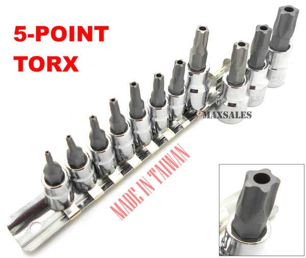 11pc 5-POINT TORX STAR TAMPER PROOF S2 BITS CR-V SECURITY BIT SOCKET SET
