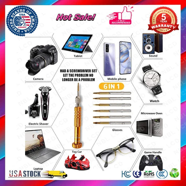 New 6-In-1 Screwdriver Repair Set - 2.0- 1.5+ torx T6 torx T5 star 0.8 1.2 Green